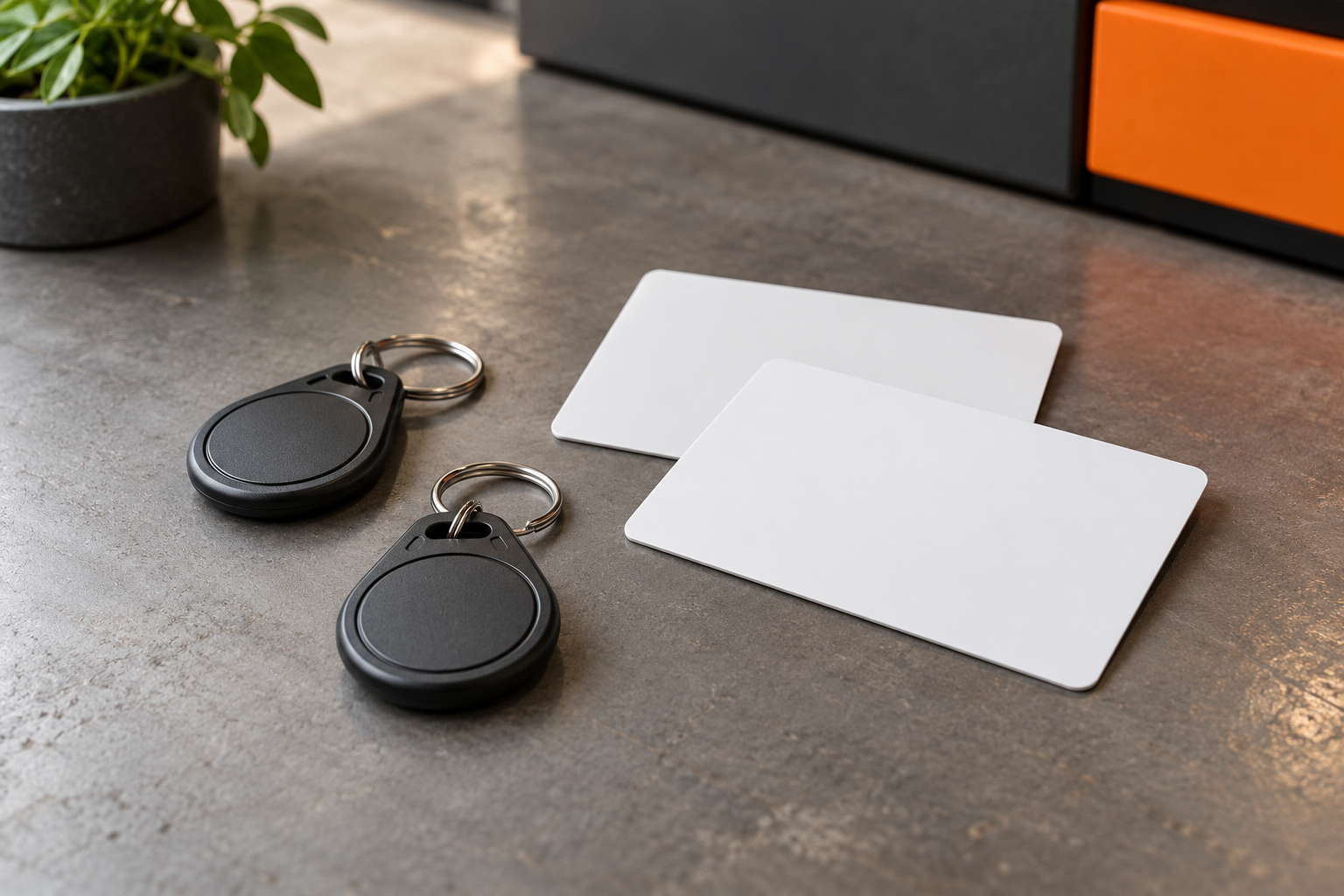 Two generic blank access cards and two unbranded black key fobs on a workshop surface