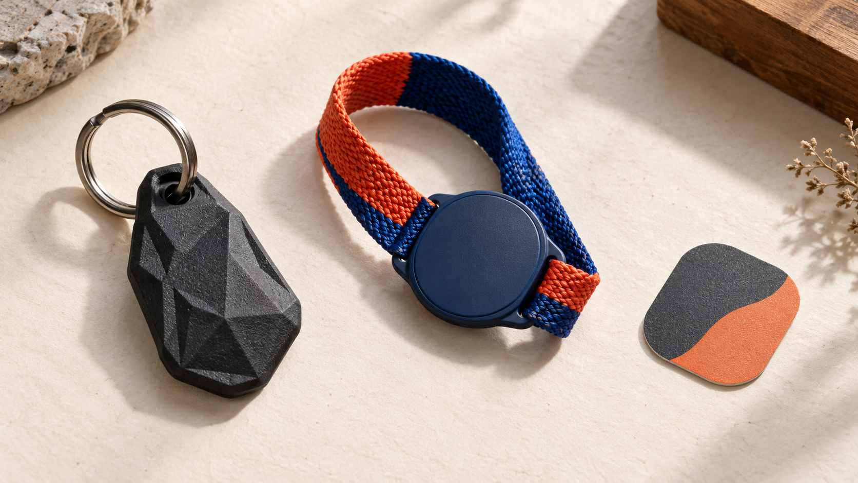 Example custom fob case, woven wristband accessory, and sticker-style tag