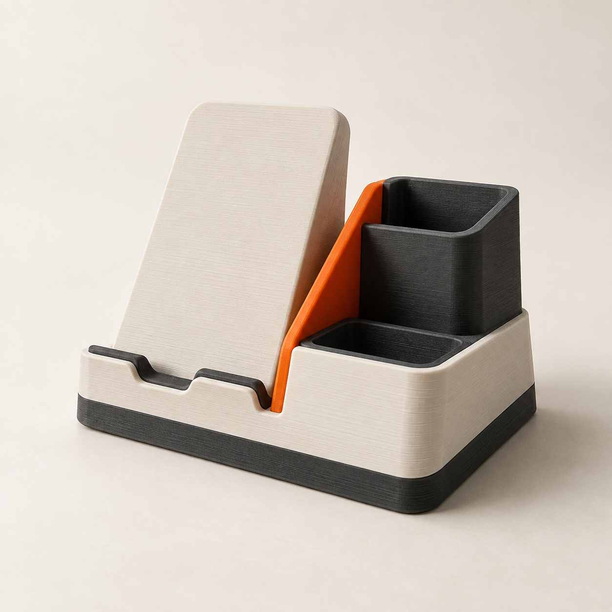 White, black, and orange 3D-printed desk dock prototype