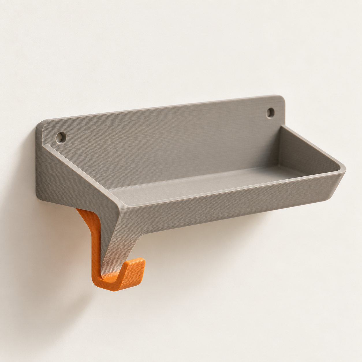 Gray and orange wall-mounted 3D-printed entry tray prototype