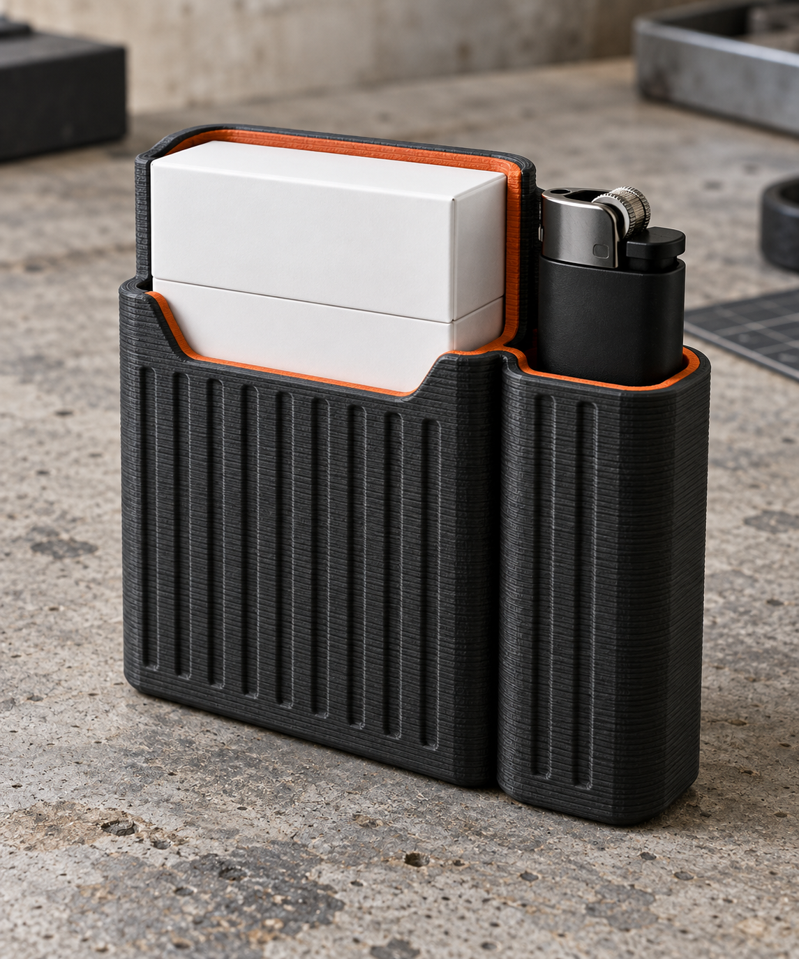 Charcoal and orange 3D-printed cigarette case and lighter caddy prototype