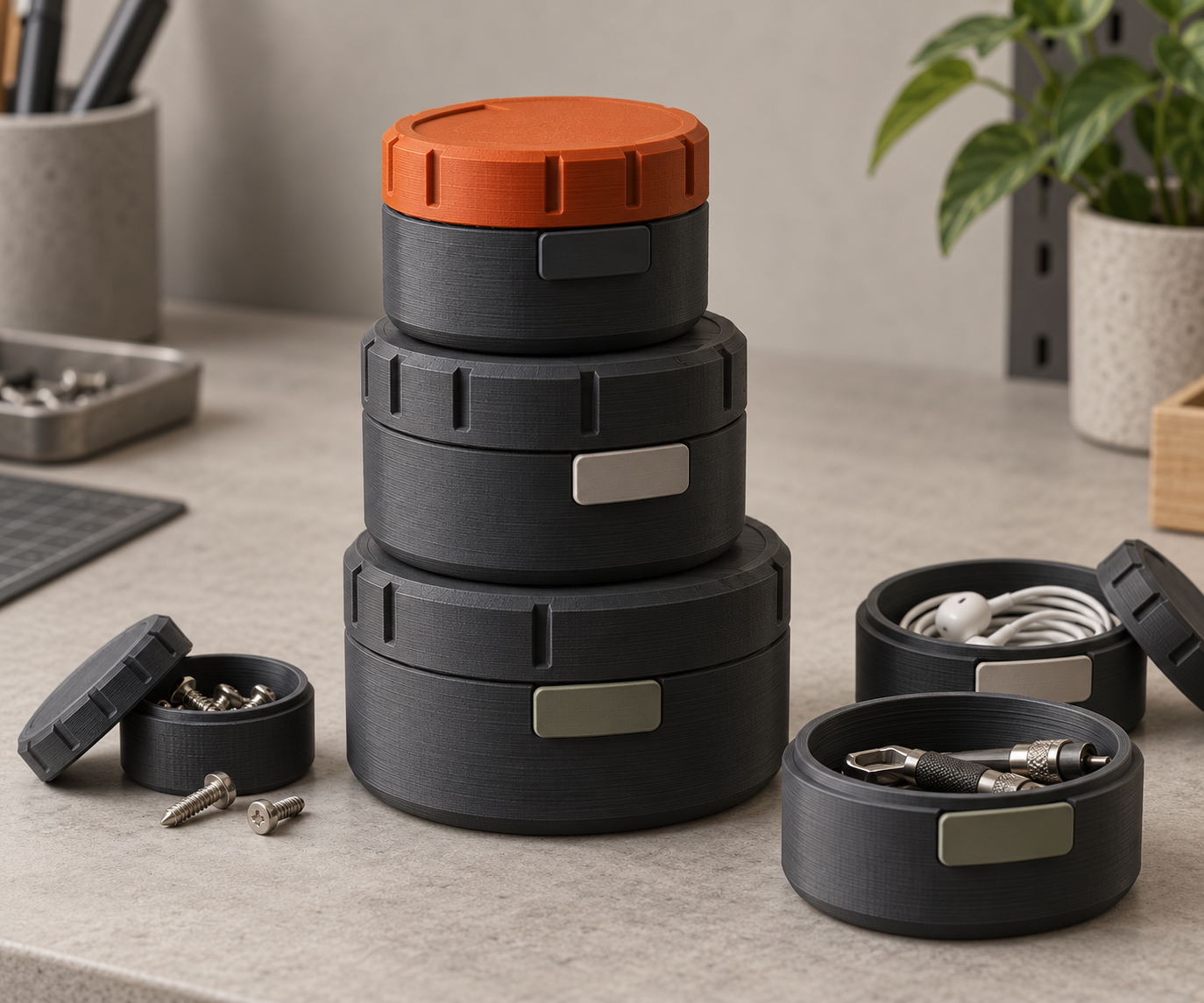 Charcoal and orange modular 3D-printed storage containers prototype